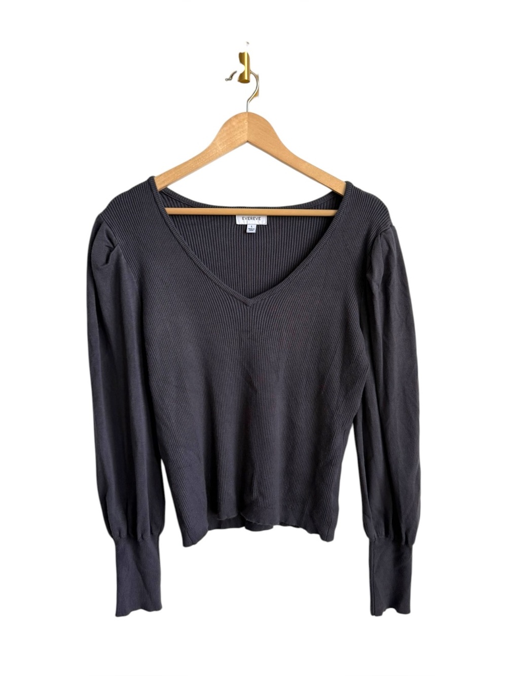 Evereve Hilary V-Neck Puff Sleeve Ribbed Pullover Sweater Grey Large